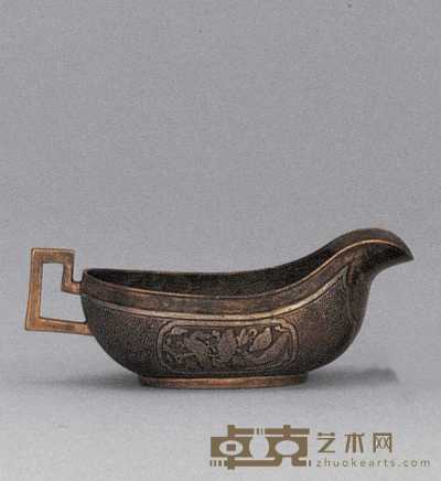 17世纪 铜错银开光花鸟纹把杯 宽11cm